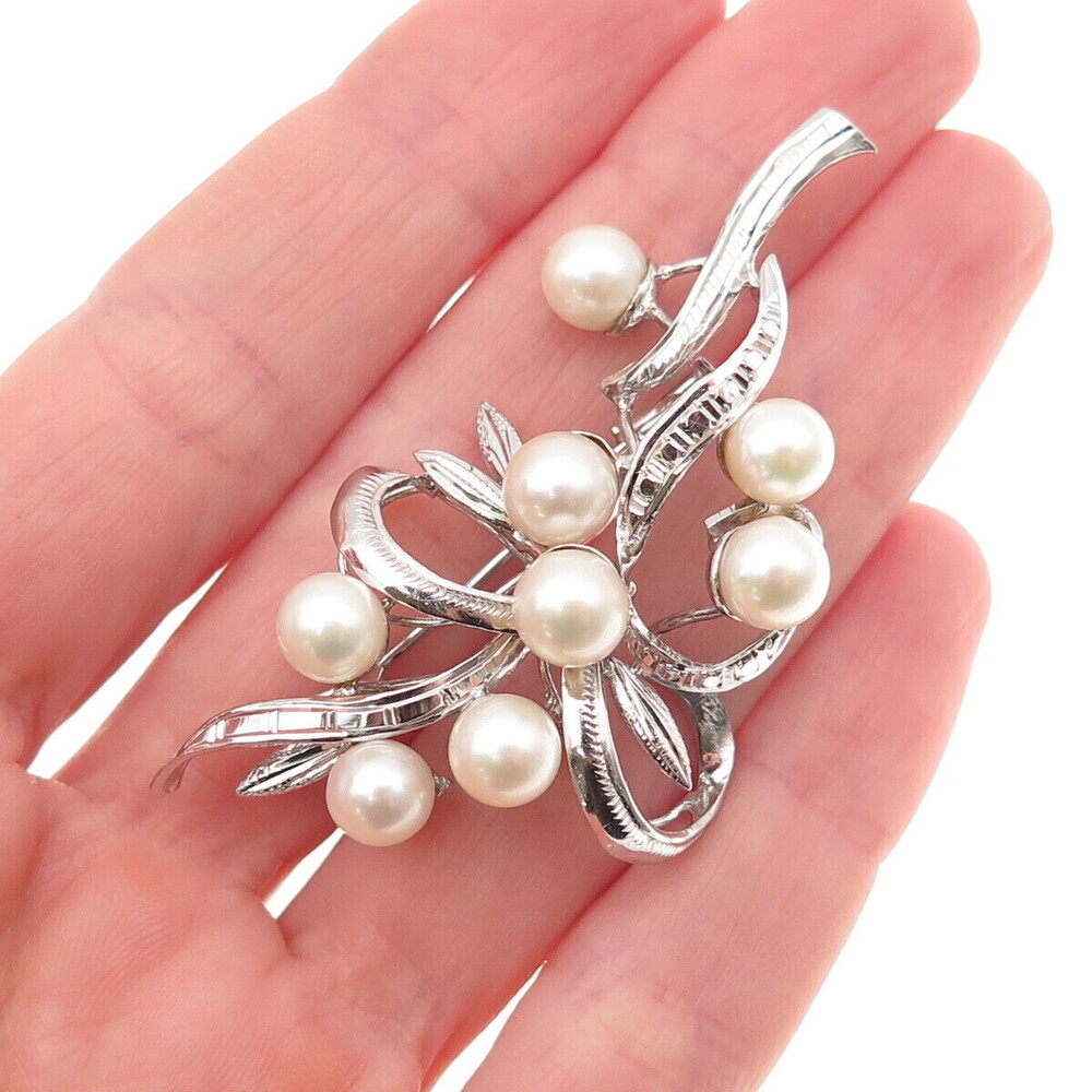 925 Sterling Silver Antique Art Deco Real Akoya Pearl Floral Pin Brooch